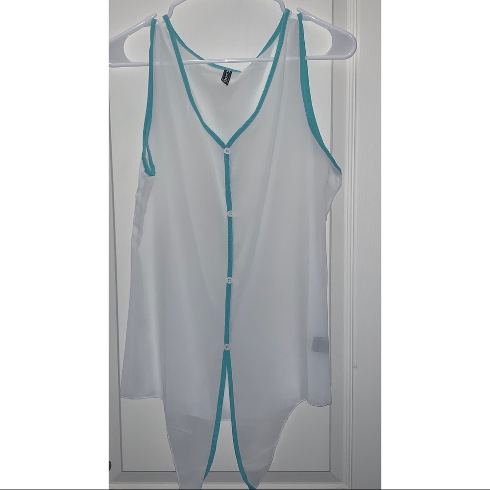 White teal sheer tank tie up button down Aviva S